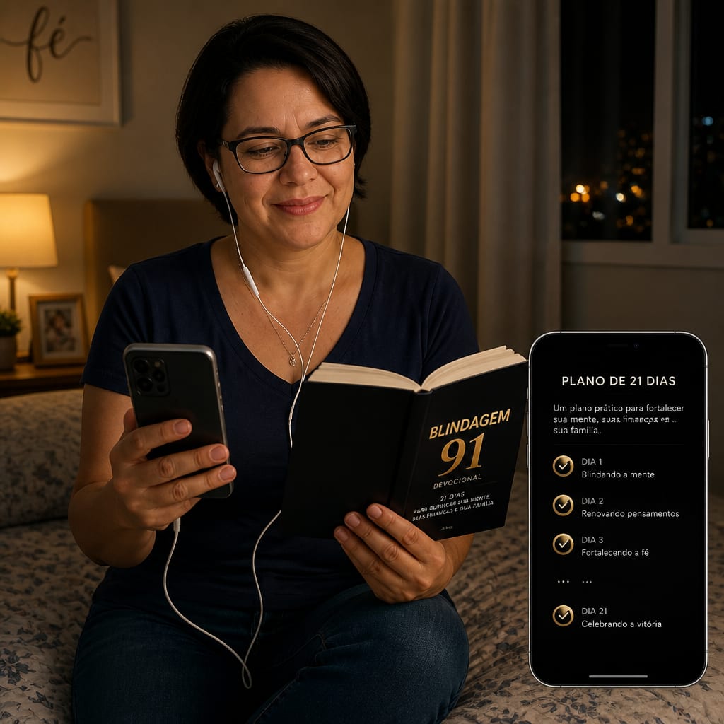 Mulher lendo o devocional Blindagem 91 à noite, em paz, com o plano de 21 dias no celular